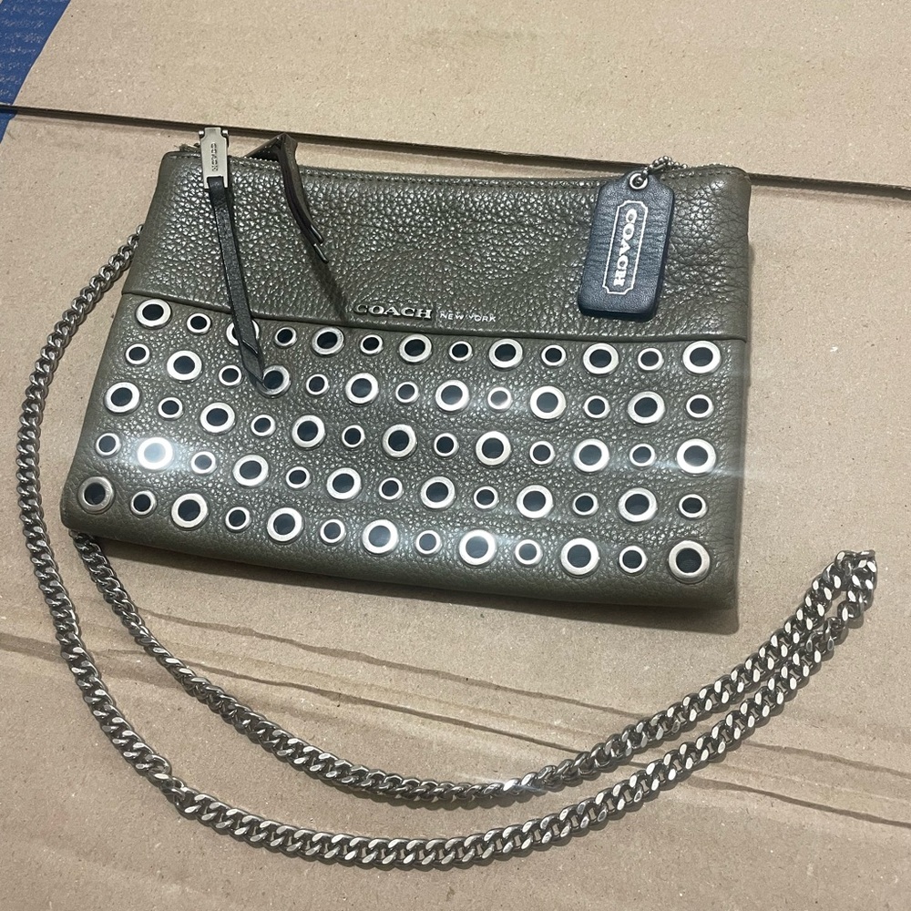 Coach Crossbody Bag Leather Olive Green Grommets Metal Strap